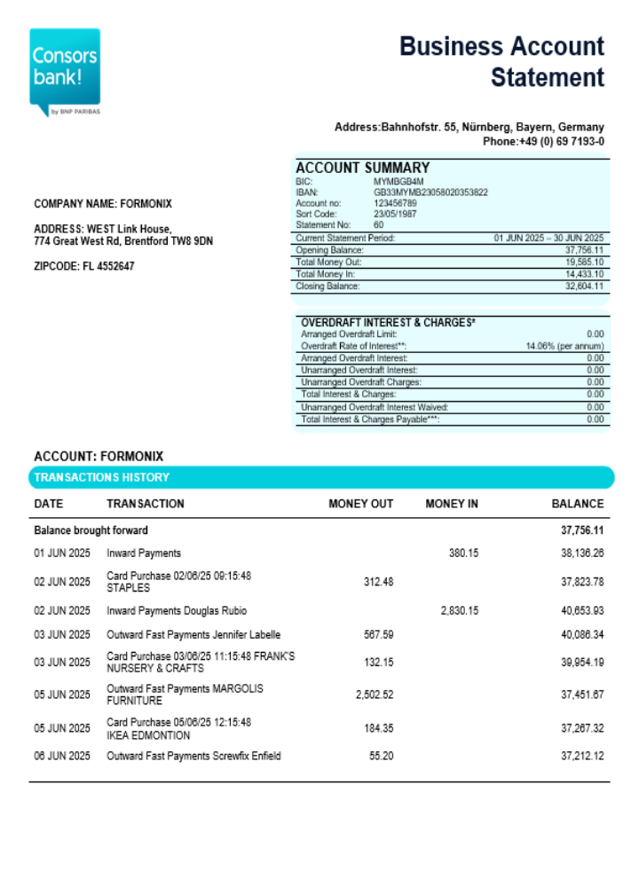 Download Consorsbank business organization checking  statement Word and PDF format Photoshop template